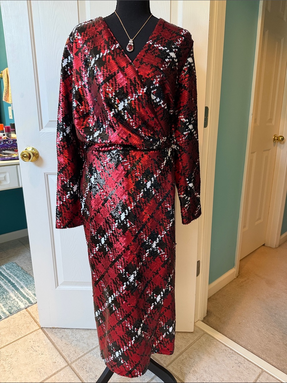 ELOQUII Red Plaid Full Sequin Faux Wrap Midi Dress Long Sleeve Size 16